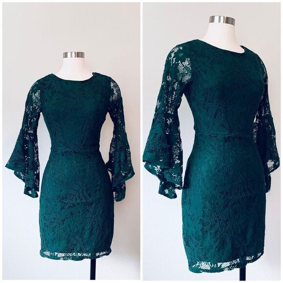 Lulus Green Bell Sleeve Lace Mini Dress Bodycon Medium M Formal Prom - Picture 1 of 5